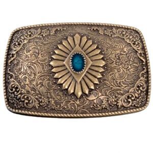 Western Cowgirl Concho Belt Buckle – Antique Brass Finish with Turquoise Accent